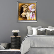 Charger l'image dans la galerie, Loup et attrape-rêves - diamant rond complet - 30x30cm
