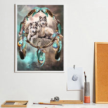 Charger l'image dans la galerie, Loup et attrape-rêves - diamant rond complet - 30x40cm