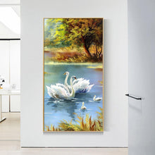 Charger l'image dans la galerie, Famille de cygne - peinture ronde complète de diamant - 85x45cm