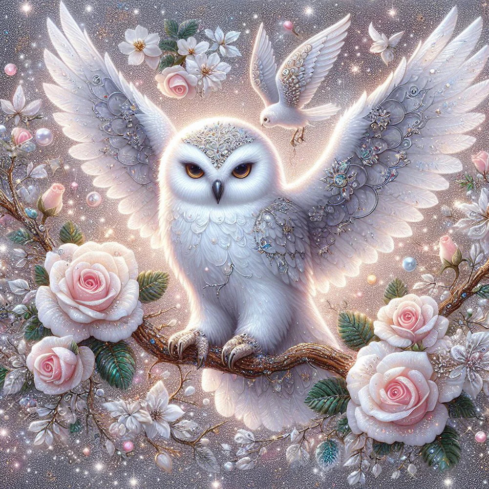 Chouette et rose blanche -Diamond painting -30*30