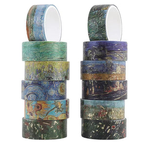 12/24 Rouleaux de ruban adhésif réutilisable Fleur/Nuit étoilée/Van Gogh Washi Tape Set Illustration Ruban décoratif