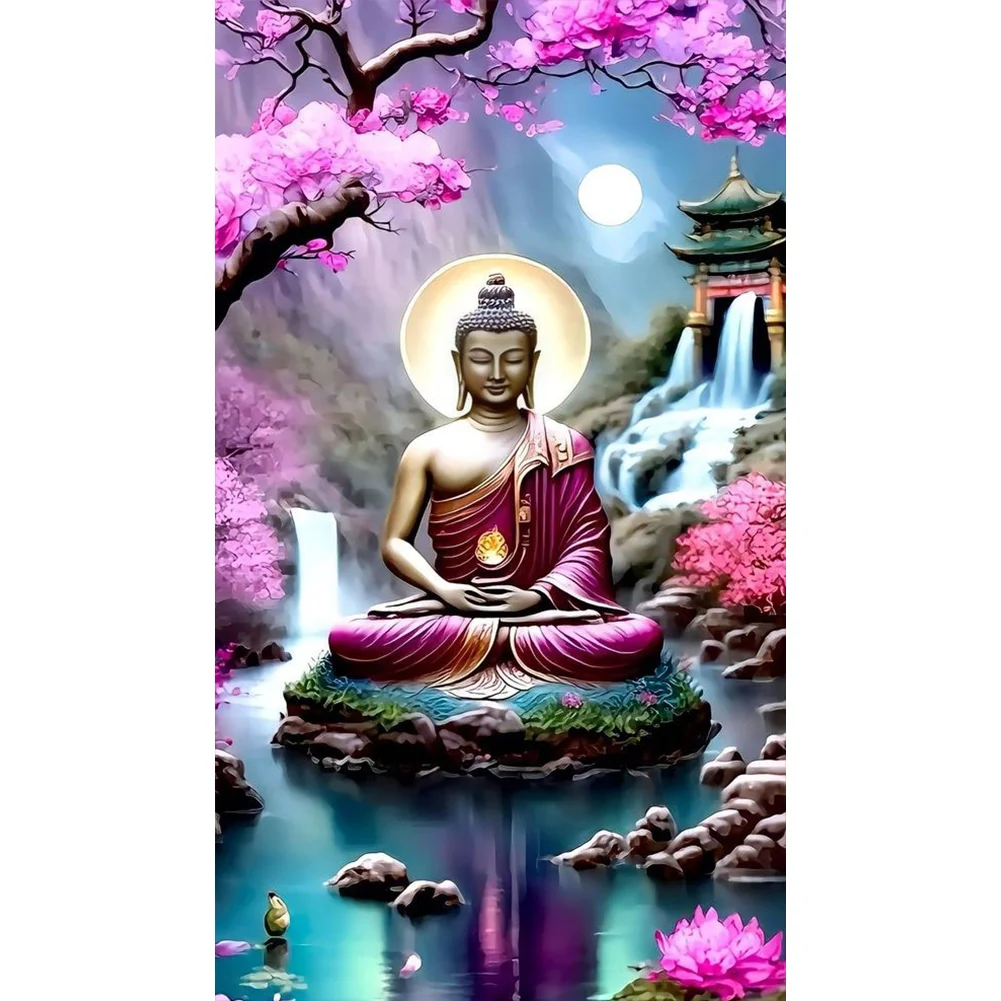 (Grande Taille) Lotus bouddha statue-diamant rond peinture-40 * 70cm