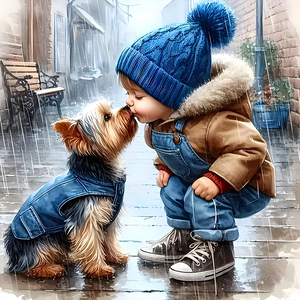 Petit garçon et chiot-Full Round Diamond Painting-40x40cm