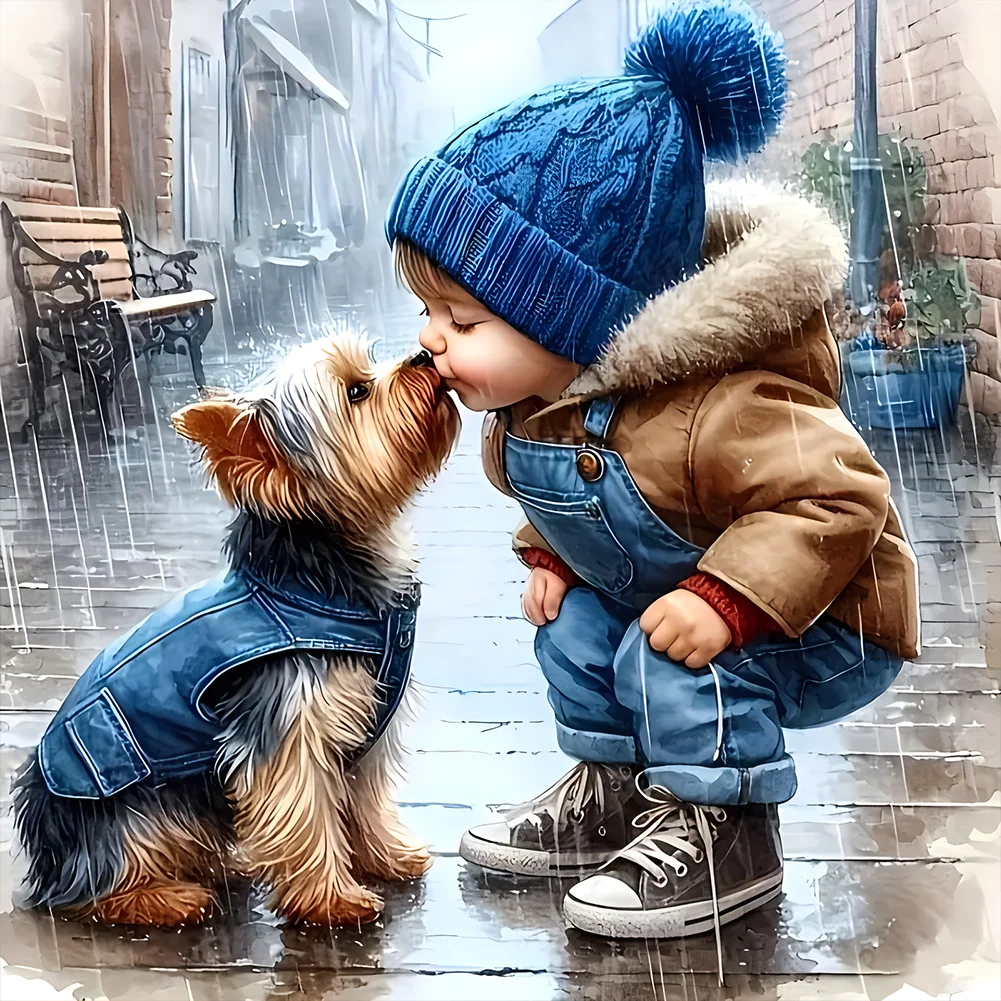 Petit garçon et chiot-Full Round Diamond Painting-40x40cm