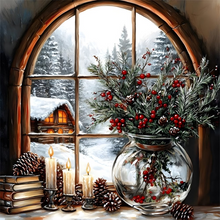 Charger l&#39;image dans la galerie, Rebord de fenêtre enneigé de Noël-Full Round Diamond Painting-40x40cm
