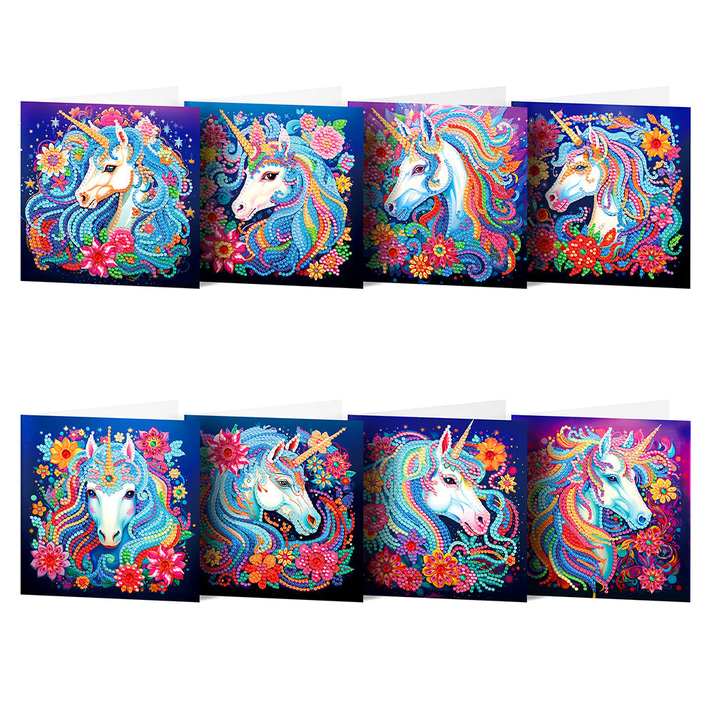 8 pièces/ensemble de cartes de vœux licorne-diamant