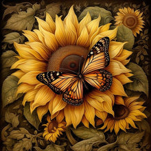 Charger l&#39;image dans la galerie, Sunflower Butterfly-complet Round peinture au diamant-30x30cm
