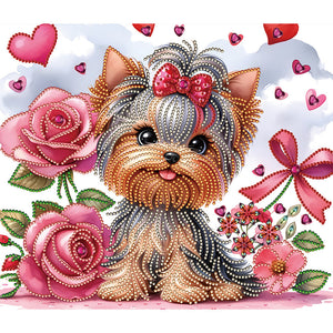 Fleur Yorkshire Terrier-Peinture diamant spéciale partielle-35x30cm