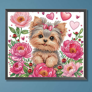 Fleur Yorkshire Terrier-Peinture diamant spéciale partielle-35x30cm