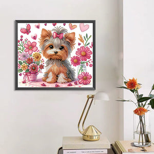 Fleur Yorkshire Terrier-Peinture diamant spéciale partielle-35x30cm