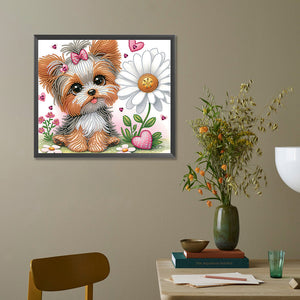 Fleur Yorkshire Terrier-Peinture diamant spéciale partielle-35x30cm