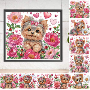 Fleur Yorkshire Terrier-Peinture diamant spéciale partielle-35x30cm