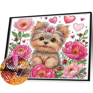 Fleur Yorkshire Terrier-Peinture diamant spéciale partielle-35x30cm