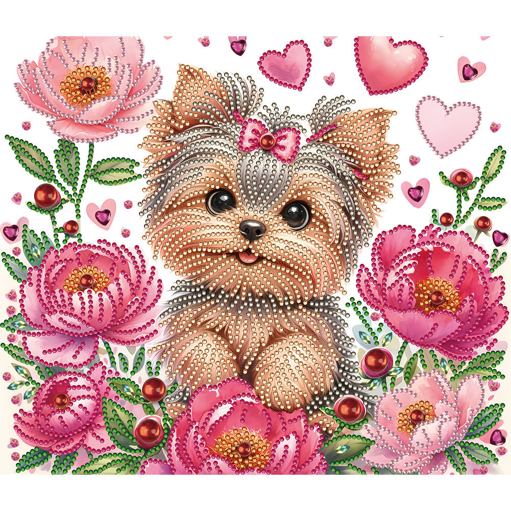 Fleur Yorkshire Terrier-Peinture diamant spéciale partielle-35x30cm