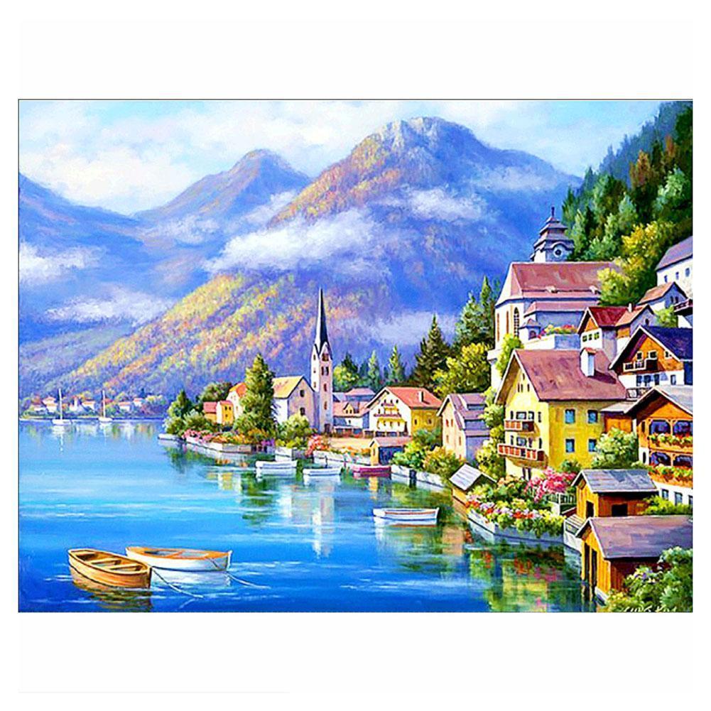 Ville de bord de mer - peinture complète de diamant - 40x30cm