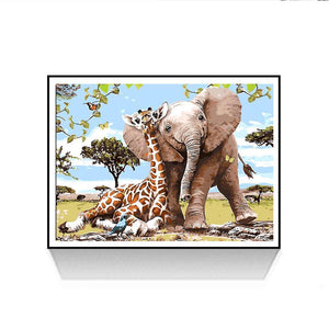 Éléphant de girafe - diamant rond complet - 30x35cm