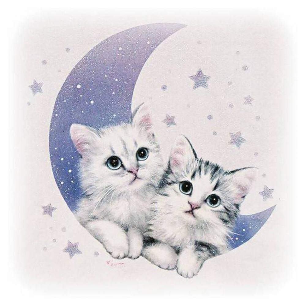 Chats mignons lune - diamant plein rond - 25x25cm