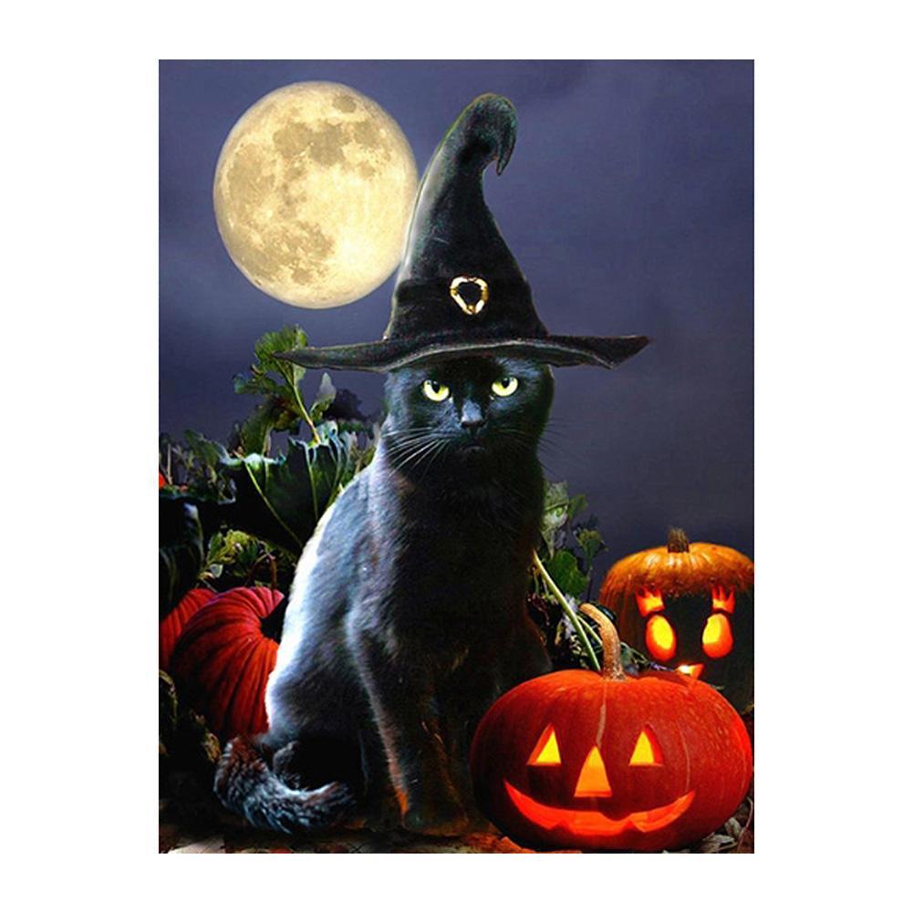 Chat noir d’Halloween ? - diamant rond complet - 30x40cm