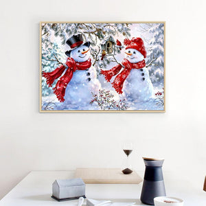 Bonhomme de neige mignon - diamant rond complet - 40x30cm