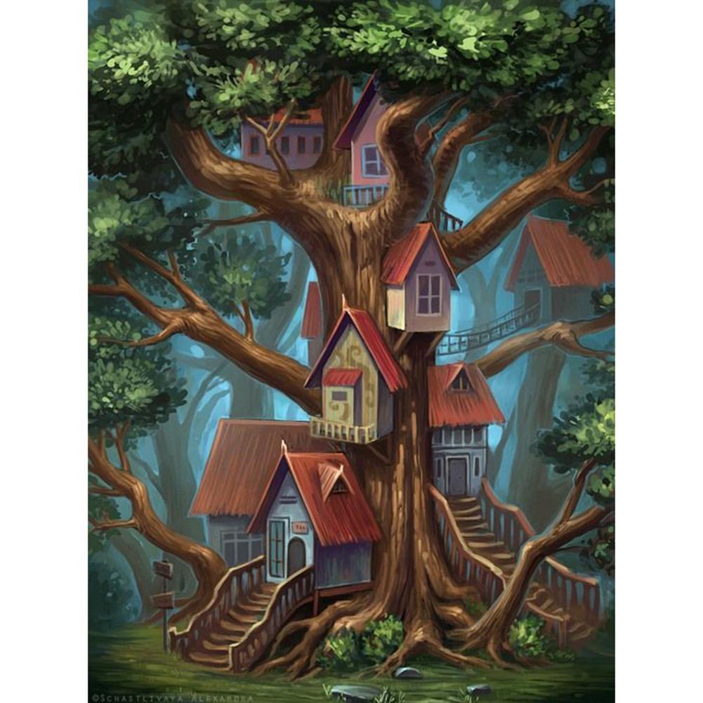 Maison d’arbre - diamant rond complet - 40x30cm
