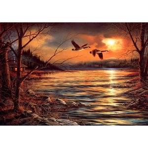 Lac d’oiseau de coucher du soleil - diamant rond complet - 40x30cm