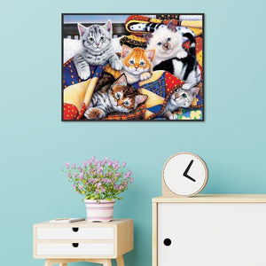 Famille de chats - diamant rond complet - 40x30cm