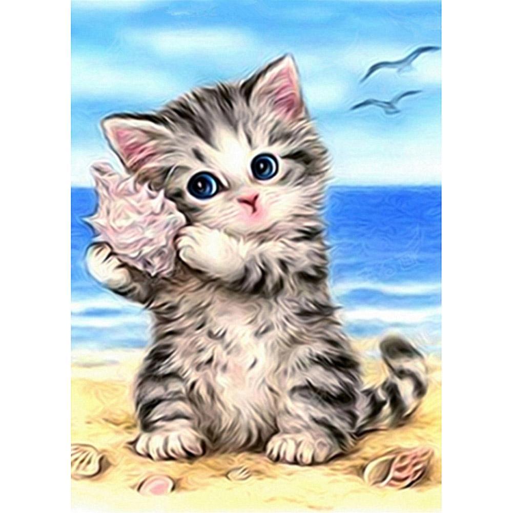 Chat d’escargot de mer - diamant rond complet - 40x30cm