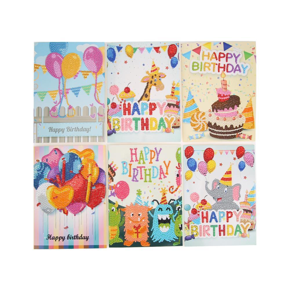 6pcs/ensemble de cartes d'anniversaire de voeux de dessin animé peinture au diamant