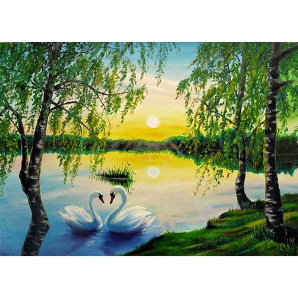 Lac de cygne de printemps - diamant rond complet - 40x30cm