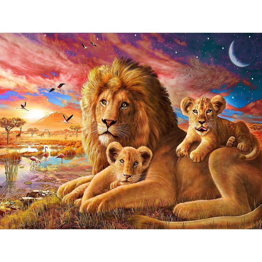 Famille Lions - diamant rond complet - 40x30cm