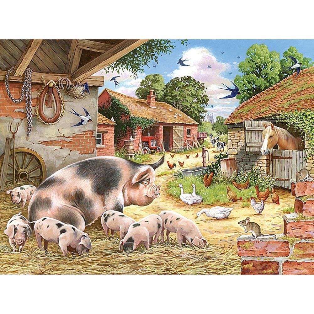 Ferme de village - diamant rond complet - 40x30cm