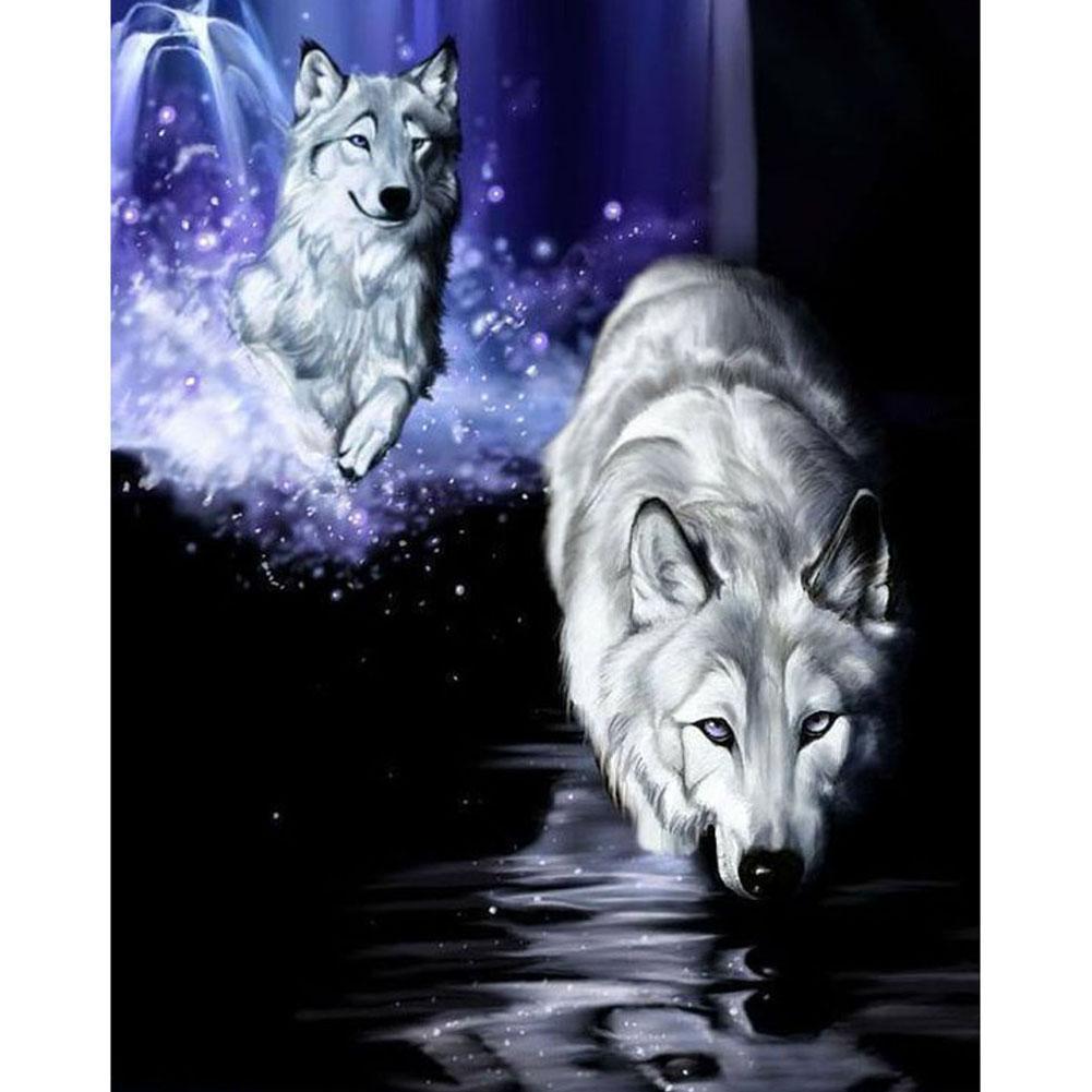 Running white wolf - diamant rond complet - 30x40cm