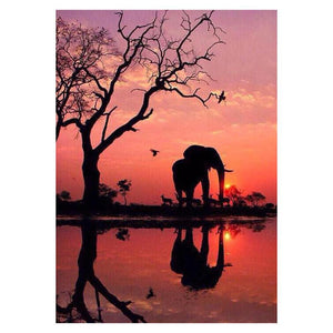 Coucher de soleil d’éléphant - diamant rond complet - 40x30cm