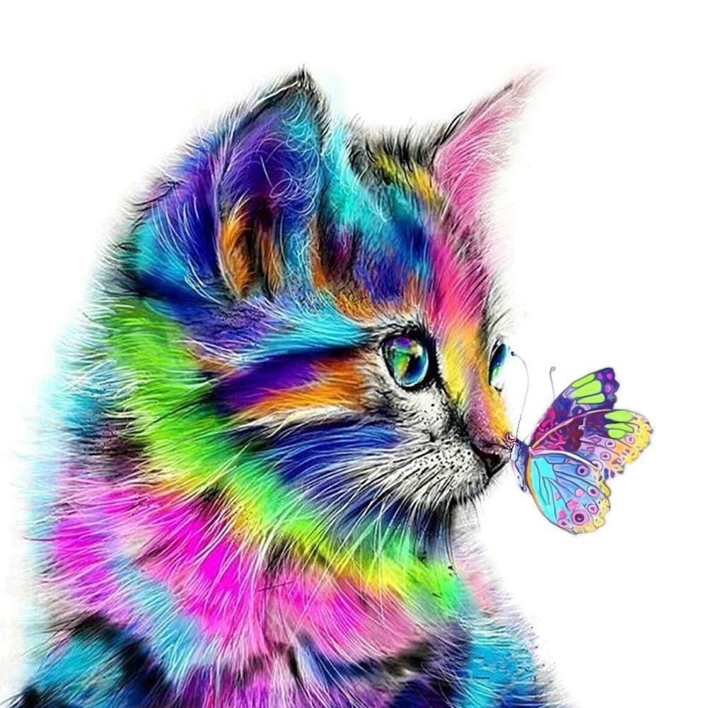 Chat et papillon - diamant rond complet - 30x30cm