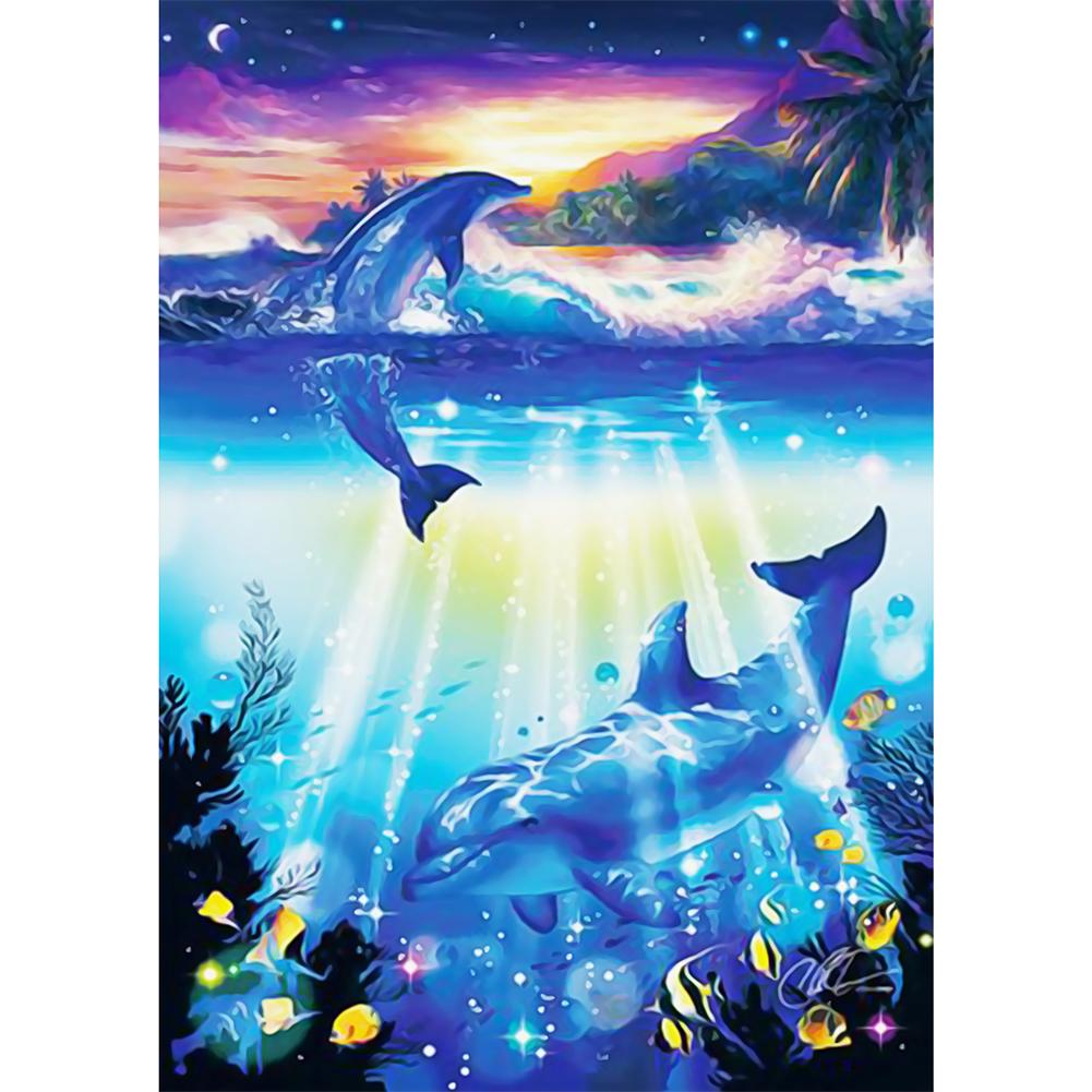 Peinture murale de dauphin - diamant rond complet - 30x40cm
