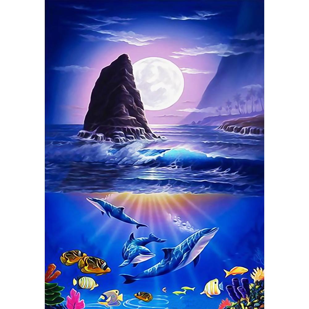 Dolphin moon - diamant plein rond - 30x40cm