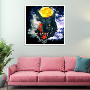 Loup et lune - diamant plein rond - 30x30cm