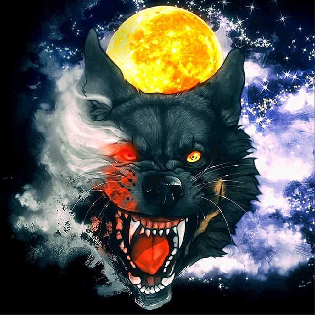 Loup et lune - diamant plein rond - 30x30cm