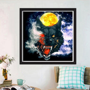 Loup et lune - diamant plein rond - 30x30cm