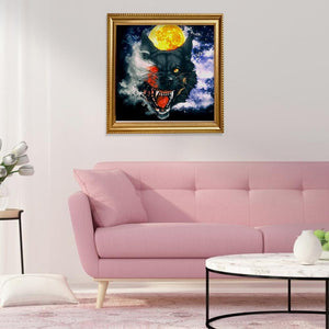 Loup et lune - diamant plein rond - 30x30cm