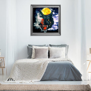 Loup et lune - diamant plein rond - 30x30cm