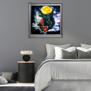 Loup et lune - diamant plein rond - 30x30cm