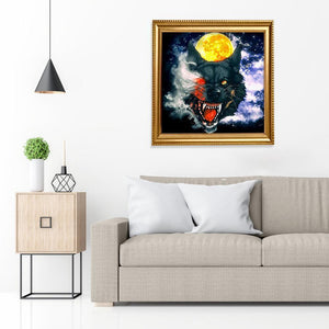 Loup et lune - diamant plein rond - 30x30cm