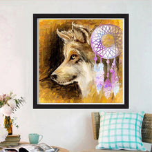 Charger l&#39;image dans la galerie, Loup et attrape-rêves - diamant rond complet - 30x30cm
