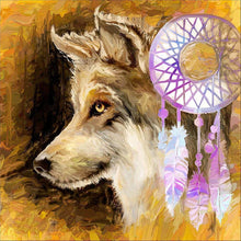 Charger l&#39;image dans la galerie, Loup et attrape-rêves - diamant rond complet - 30x30cm
