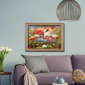 Oiseau rose - diamant rond complet - 40x30cm