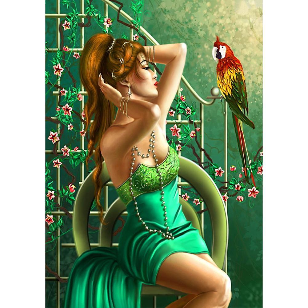Fille et perroquet - diamant rond complet - 30x40cm