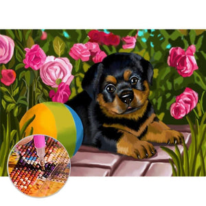 Chien de fleur - peinture complète de diamant - 30x40cm