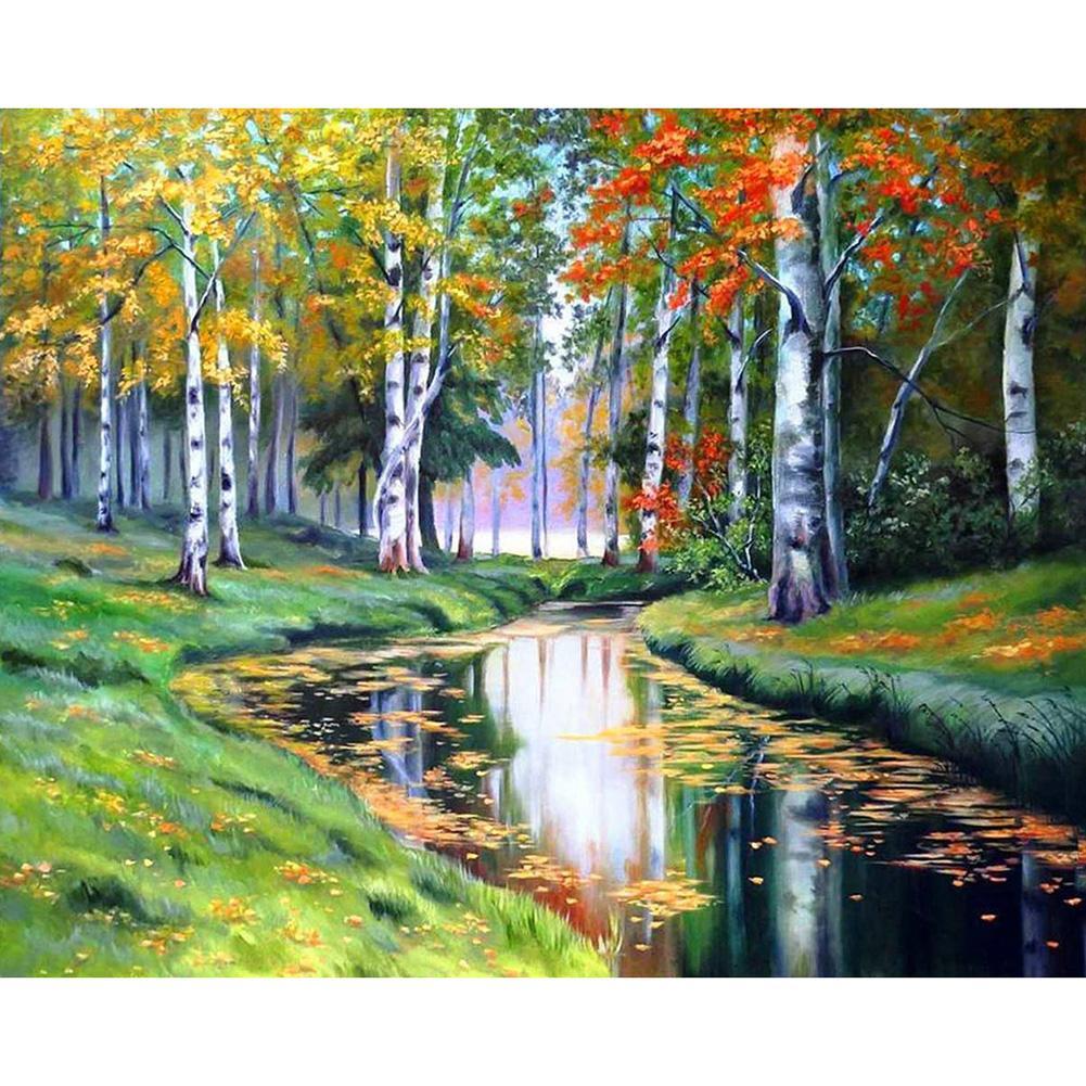 Rivière et arbres - peinture diamant pleine - 40x30cm