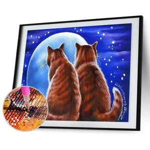 Les chats admirent l’animal de lune - peinture de diamant plein - 40x30cm